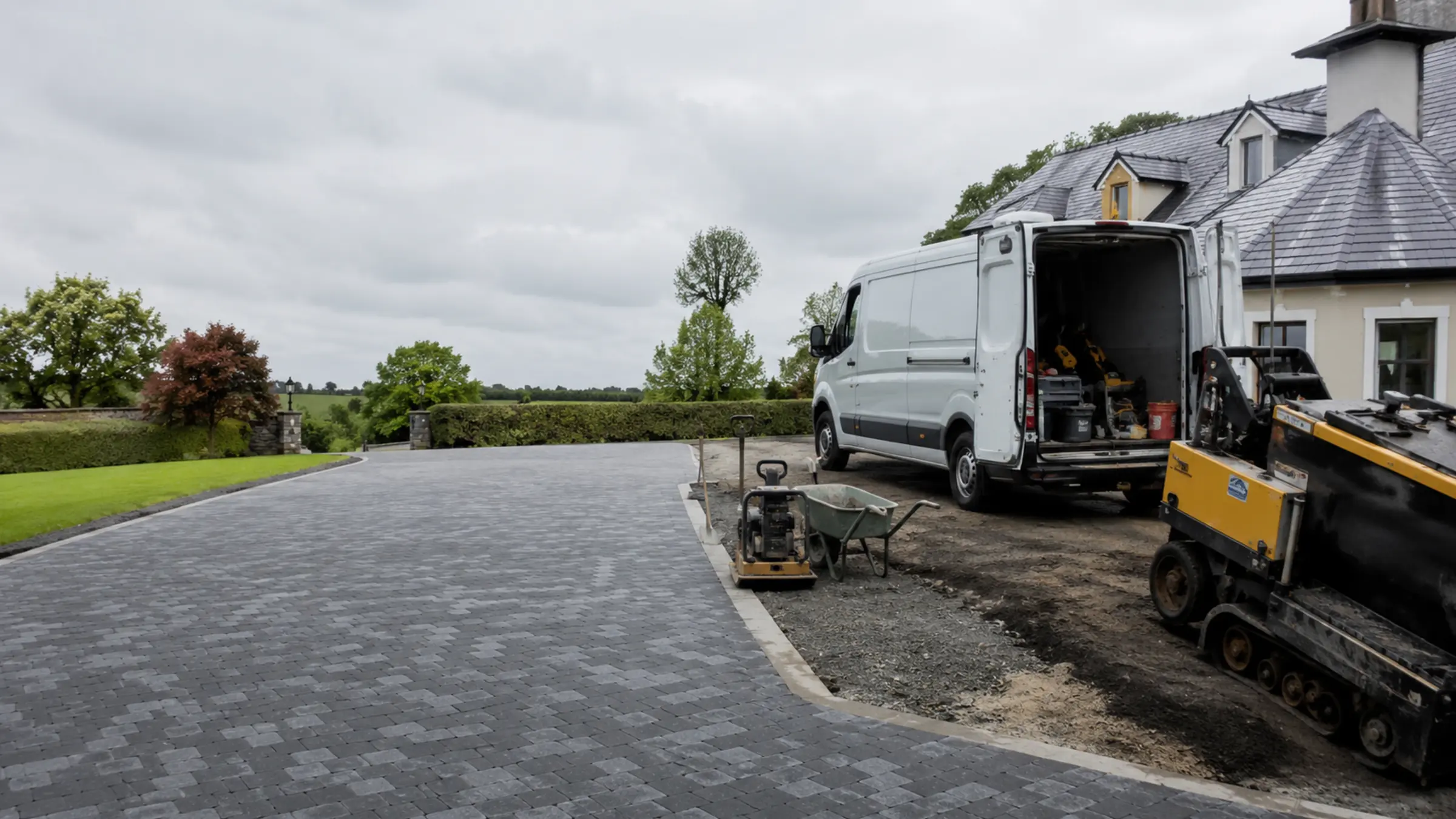 A paving contractor laying blocks on a new driveway