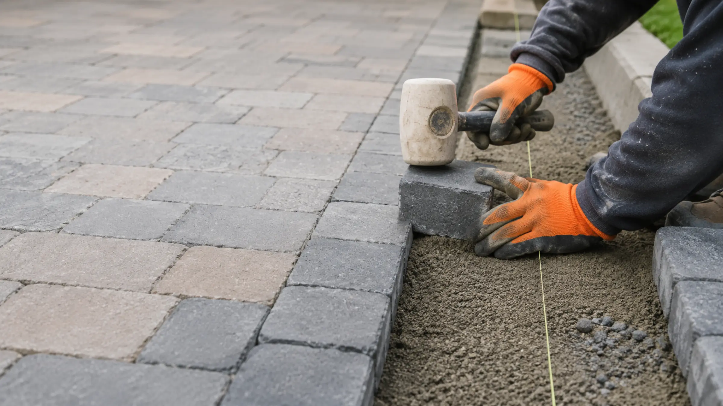 Paving blocks, plans and tools laid out before a driveway job