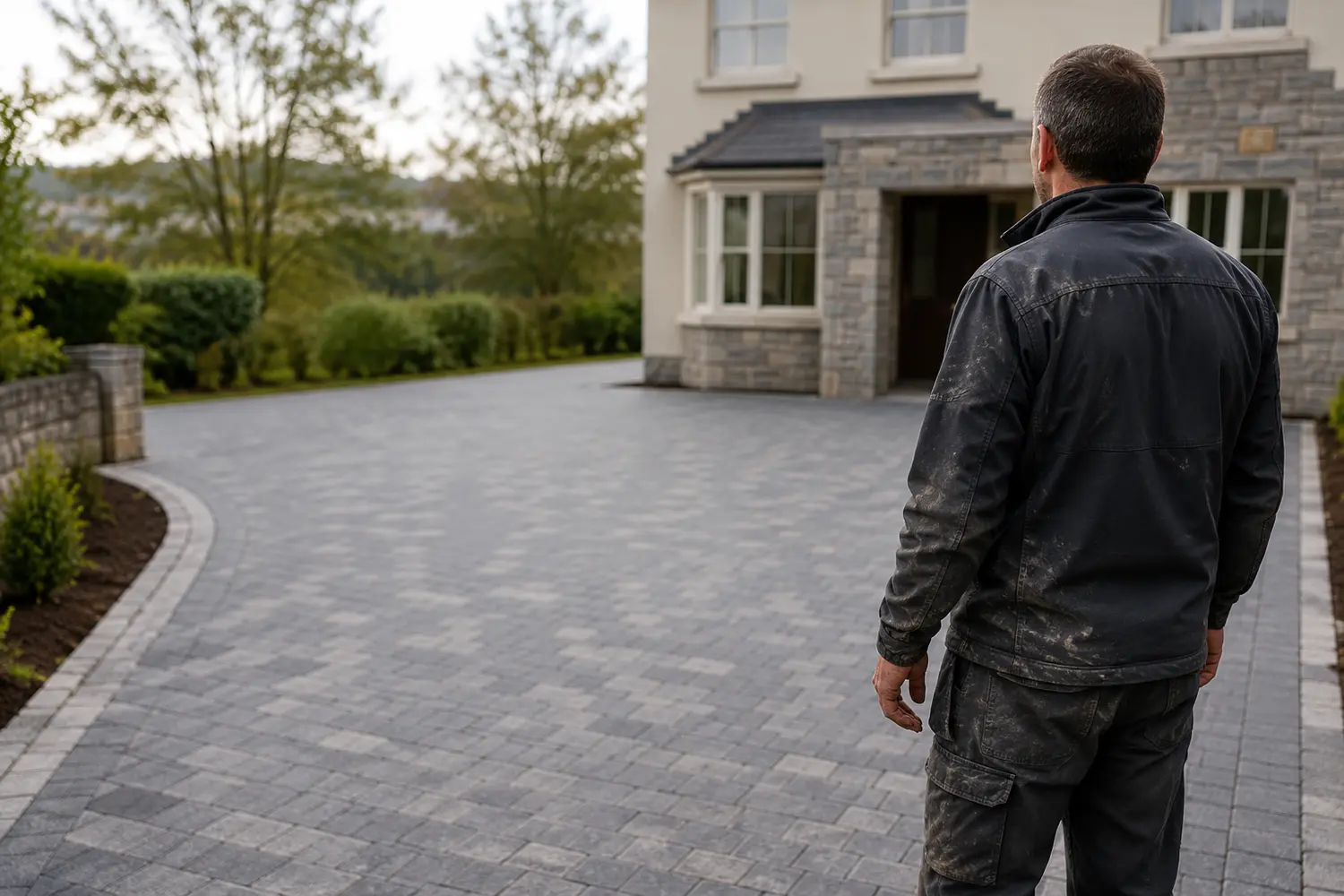 A paving contractor going through driveway plans with a homeowner
