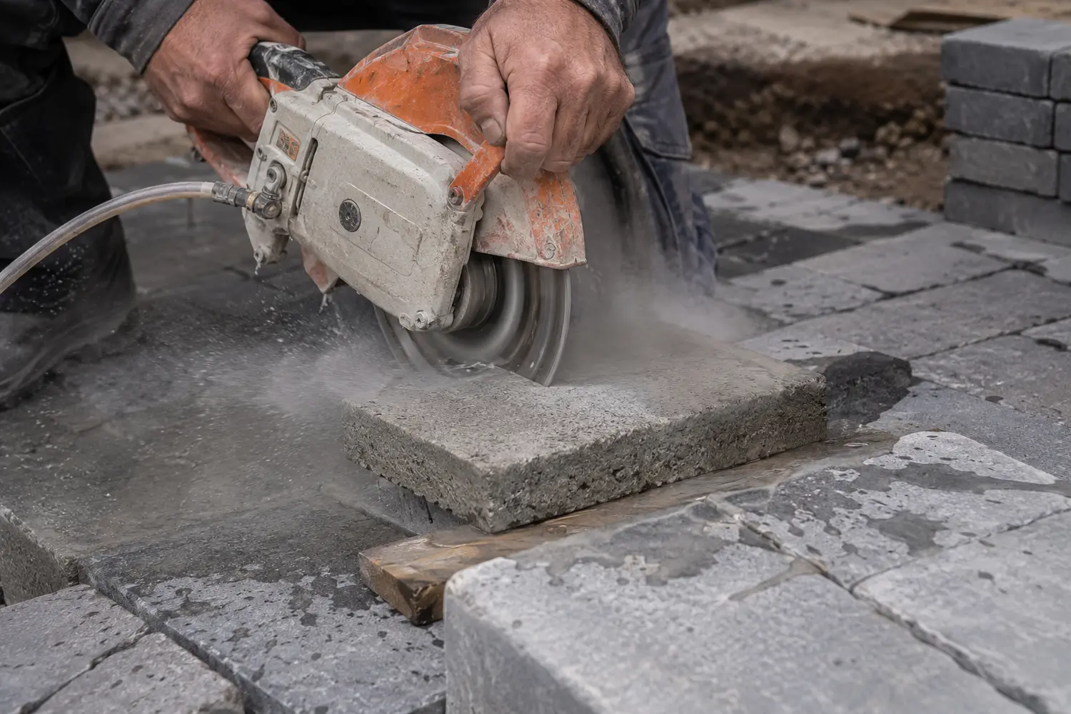 Cutting a paving block to fit at the edge