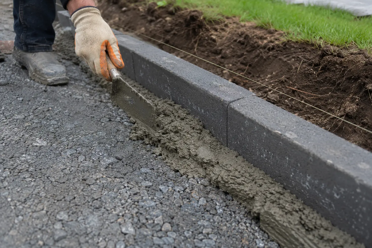 Edging kerbs being set to restrain a block driveway