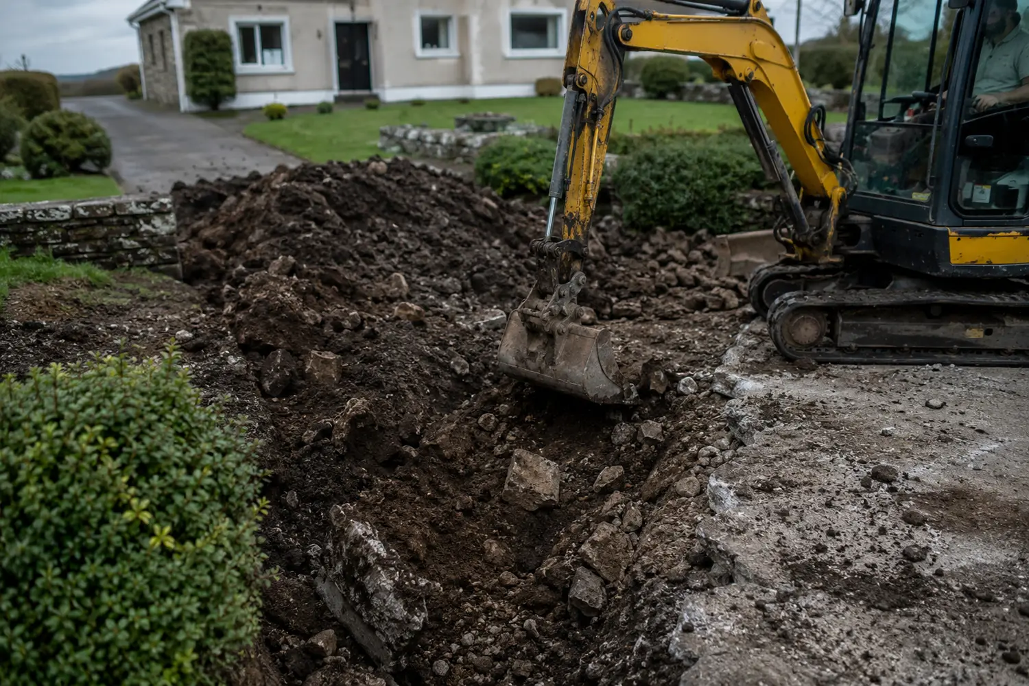 Digging out soft ground before a new driveway sub-base, the critical step on Offaly sites