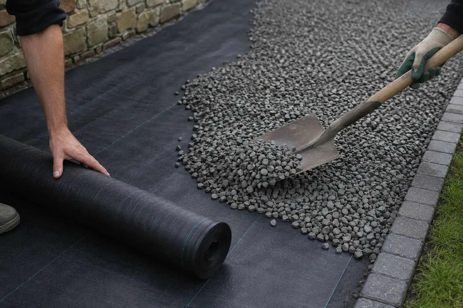 Laying weed membrane before spreading gravel on a driveway