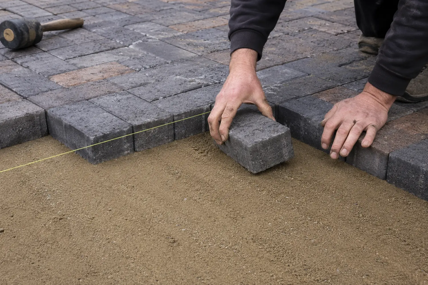 Contractor laying block paving in a herringbone pattern