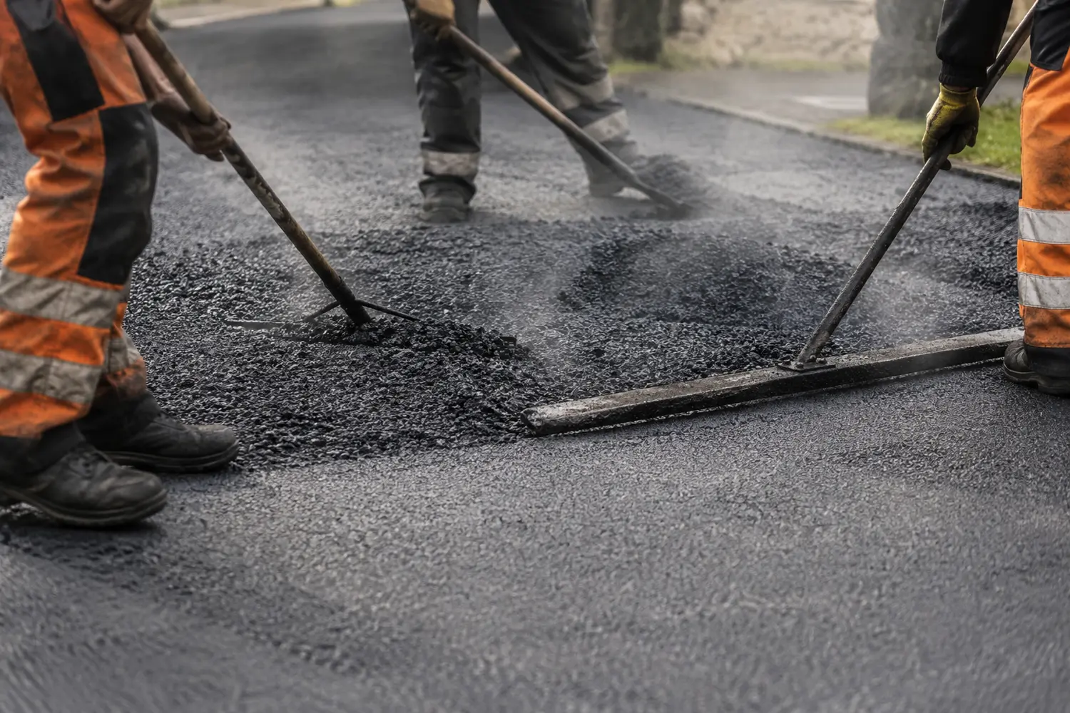 Fresh tarmac being screeded level on a driveway