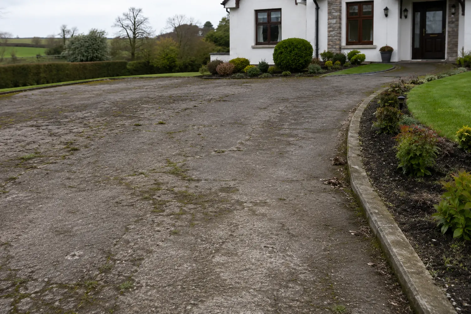 An older block paving driveway a few years after laying