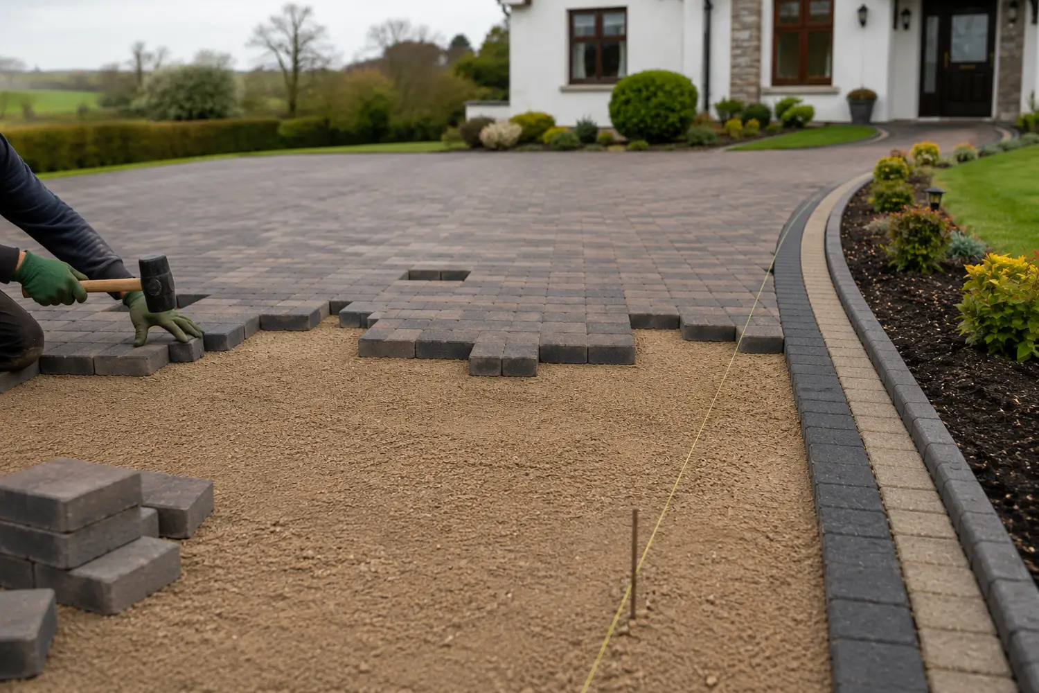 Block paving mid-lay on a home driveway