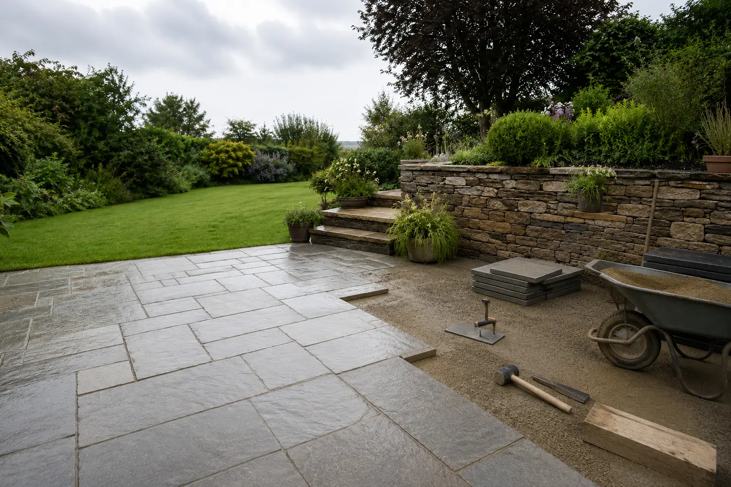 A stone patio being laid