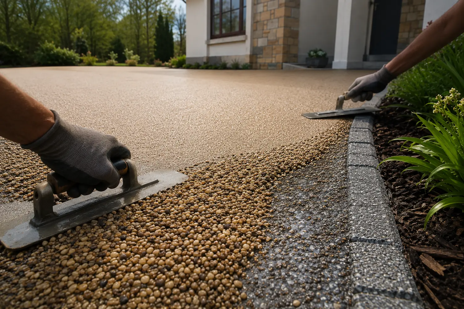 A resin bound driveway surface being finished