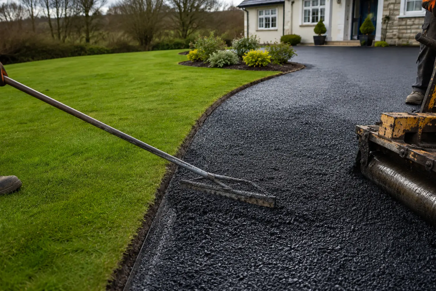 Tarmac being laid on a home driveway